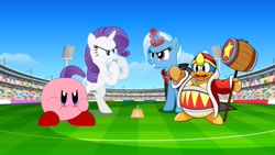 Size: 960x540 | Tagged: safe, artist:mariorobles2, derpibooru import, rarity, trixie, king dedede, kirby, kirby (character), vs