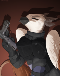 Size: 960x1200 | Tagged: safe, artist:margony, derpibooru import, oc, oc only, griffon, armor, beak, commission, digital art, griffon oc, gun, handgun, looking at you, male, simple background, sitting, solo, tail, wings