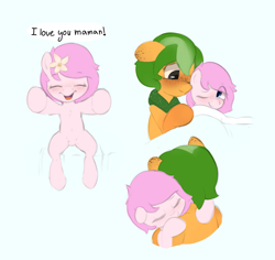 Size: 4702x4438 | Tagged: safe, artist:parfait, derpibooru import, oc, oc only, oc:kayla, oc:papaya, earth pony, pony, bed, blushing, cute, dialogue, female, filly, flower, flower in hair, freckles, hug, mare, mother and child, mother and daughter, parent and child, simple background, solo, solo female, tucking in, white background