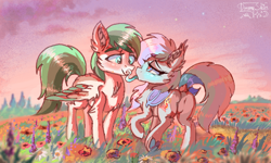 Size: 854x512 | Tagged: safe, alternate version, artist:dreamyskies, derpibooru import, edit, oc, oc:dreamer skies, oc:dreamyway skies, bat pony, pegasus, pony, bat pony oc, blushing, date, field, flower, heart eyes, long tongue, oc x oc, pony oc, shipping, sibling love, tongue, tongue out, wingding eyes