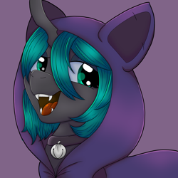 Size: 1200x1200 | Tagged: safe, artist:thatfamouspony, derpibooru import, oc, oc:ichora, changeling, bell, bell collar, cat bell, changeling oc, clothes, collar, fangs, female, hoodie, horn, jingle bells, looking at you, open mouth, purple background, simple background, solo, teeth
