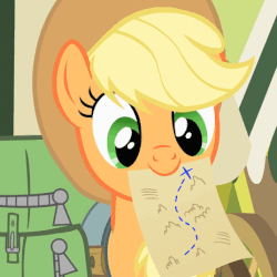 Size: 250x250 | Tagged: safe, derpibooru import, edit, screencap, applejack, granny smith, earth pony, pony, somepony to watch over me, animated, applejack's hat, blinking, clothes, cowboy hat, cropped, cute, female, happy, hat, jackabetes, loop, map, mare, mouth hold, nom, reversed, smiling, solo, solo focus