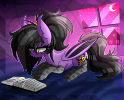 Size: 1630x1320 | Tagged: safe, artist:lady lullaby star, derpibooru import, oc, oc only, oc:midnight oil, bat pony, pony, bat pony oc, bat wings, bed, book, clothes, crescent moon, eyelashes, fangs, female, glasses, lying down, mare, moon, nerd, night, socks, solo, stars, window, wings