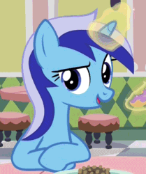 Size: 518x621 | Tagged: safe, derpibooru import, edit, edited screencap, screencap, minuette, pony, unicorn, amending fences, animated, cropped, cute, donut, eating, female, food, gif, looking at you, loop, magic, magic aura, mare, minubetes, nose wrinkle, perfect loop, reversed, scrunchy face, smiling, solo, solo focus, table, telekinesis