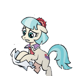 Size: 1024x1024 | Tagged: safe, artist:sara pitre-durocher, derpibooru import, idw, coco pommel, adorable distress, background removed, cute, friendship in disguise, napkin, simple background, solo, transparent background, worried