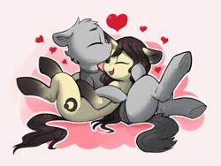 Size: 2000x1500 | Tagged: safe, artist:dimfann, derpibooru import, oc, oc only, earth pony, pony, unicorn, cuddling, cute, eyes closed, forehead kiss, heart, kiss on the head, kissing, lying down, ocbetes, on back, white outline