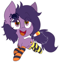 Size: 2400x2492 | Tagged: safe, artist:jetjetj, derpibooru import, oc, oc:hollow's edge, earth pony, pony, spider, candy, candy corn, chibi, clothes, earth pony oc, female, food, halloween, holiday, mare, open mouth, simple background, socks, solo, striped socks, transparent background, vector