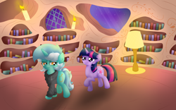 Size: 4346x2716 | Tagged: safe, artist:background basset, derpibooru import, lyra heartstrings, twilight sparkle, unicorn twilight, pony, unicorn, fanfic:background pony, clothes, confused, duo, duo female, female, golden oaks library, hoodie, lamp, library, night, sad