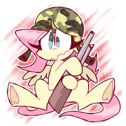 Size: 1024x1024 | Tagged: safe, artist:thegreatrouge, derpibooru import, fluttershy, pegasus, pony, eyelashes, female, gun, hat, holding, mare, military, scared, signature, sitting, solo, spread wings, war, weapon, wings