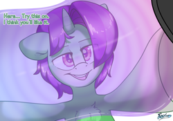 Size: 5000x3500 | Tagged: safe, artist:fluffyxai, derpibooru import, oc, oc only, oc:crescent star, pony, unicorn, accessories, commission, fetish, grin, hypnogear, hypnosis, hypnosis fetish, interaction, looking at you, offscreen character, pov, smiling, smirk, speech, submissive pov, talking, talking to viewer, visor