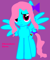 Size: 443x530 | Tagged: safe, artist:sparklecat16, derpibooru import, oc, oc:chocolate dove, pegasus, pony, base used, bow, cutie mark, female, hair bow, mare, pegasus oc, pink text, purple background, simple background, tail bow, text