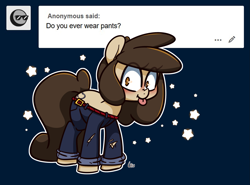 Size: 1625x1204 | Tagged: safe, artist:lou, derpibooru import, oc, oc:louvely, clothes, dog pants, looking at you, pants, solo, stars, tongue out, tumblr