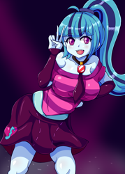 Size: 1500x2100 | Tagged: safe, artist:n00bultima, derpibooru import, sonata dusk, equestria girls, rainbow rocks, blushing, breasts, clothes, female, fingerless gloves, gloves, jewelry, looking at you, midriff, necklace, open mouth, peace sign, ponytail, skirt, solo, sonata bust