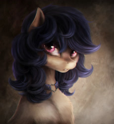 Size: 2290x2490 | Tagged: safe, artist:ventious, derpibooru import, oc, oc only, pony, abstract background, blue mane, bust, chiaroscuro, choker, curly hair, curly mane, looking at you, pink eyes, portrait, solo