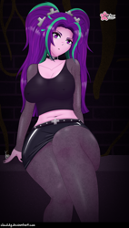 Size: 1114x1964 | Tagged: safe, artist:clouddg, derpibooru import, aria blaze, equestria girls, aria bazookas, badass, belly button, breasts, choker, clothes, erect nipples, female, looking at you, midriff, nipple outline, skirt, solo