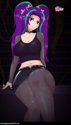 Size: 1114x1964 | Tagged: safe, alternate version, artist:clouddg, derpibooru import, aria blaze, equestria girls, aria bazookas, badass, belly button, breasts, choker, clothes, erect nipples, female, human coloration, looking at you, midriff, nipple outline, skirt, solo