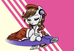 Size: 1449x1000 | Tagged: artist needed, source needed, safe, oc, oc only, oc:ausdruck, earth pony, pony, /mlp/, blanket, eyes closed, female, headphones, solo, t:em/p/o