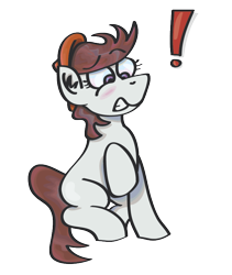 Size: 652x771 | Tagged: artist needed, source needed, safe, oc, oc only, oc:ausdruck, earth pony, pony, /mlp/, beret, blushing, exclamation point, female, hat, looking down, raised hoof, raised leg, simple background, t:em/p/o, transparent background