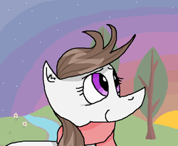 Size: 603x497 | Tagged: artist needed, source needed, safe, oc, oc only, oc:ausdruck, earth pony, pony, /mlp/, clothes, female, grass, grass field, river, scarf, smiling, solo, stream, sun, t:em/p/o, tree