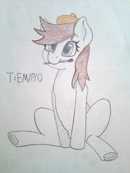 Size: 2448x3264 | Tagged: safe, alternate version, artist:anonymous, oc, oc only, oc:ausdruck, earth pony, pony, /mlp/, beret, colored, female, hat, mouth hold, paintbrush, pencil drawing, sitting, smiling, t:em/p/o, traditional art