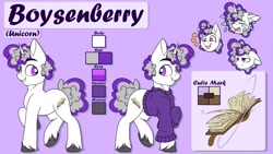 Size: 1807x1016 | Tagged: safe, artist:notetaker, oc, oc only, oc:boysenberry, pony, unicorn, clothes, crying, cutie mark, ears, floppy ears, happy, horn, lavender background, looking to side, looking to the left, looking to the right, male, open mouth, purple background, purple eyes, reference sheet, sad, simple background, smiling, solo, sweater, text, two toned mane, two toned tail, unamused, unshorn fetlocks, white coat