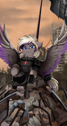 Size: 2209x4150 | Tagged: safe, artist:pridark, oc, oc only, oc:lyum, pegasus, pony, fallout equestria, absurd resolution, armor, commission, helmet, looking at you, ruins, solo, steel ranger, wasteland