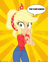 Size: 3090x4000 | Tagged: safe, artist:dieart77, applejack, equestria girls, equestria girls series, five to nine, clothes, dialogue, female, freckles, high res, pants, solo, speech bubble