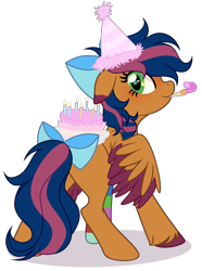 Size: 2240x3006 | Tagged: safe, artist:mcjojo, derpibooru import, oc, oc only, oc:solar comet, pegasus, pony, bow, cake, femboy, food, freckles, green eyes, hat, looking at you, looking back, looking back at you, male, party horn, sock, solo, tail, tail bow, trap, wings