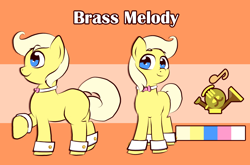 Size: 1400x925 | Tagged: safe, artist:orangesoda, derpibooru import, oc, oc only, oc:brass melody, earth pony, pony, bowtie, cufflinks, reference sheet