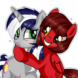 Size: 1920x1920 | Tagged: safe, artist:jowarty, derpibooru import, oc, oc:cinnamon pop, oc:starlit nightcast, pegasus, pony, unicorn, freckles, golden eyes, green eyes, hug, simple background, smiling, snaggletooth, transparent background