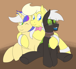 Size: 2456x2212 | Tagged: safe, artist:keboponda, derpibooru import, oc, oc only, oc:brass melody, oc:jack sunshine, oc:solarmod, changeling, earth pony, unicorn, bowtie, collar, cufflinks, glasses, green changeling, group hug, hug