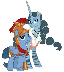 Size: 1066x1196 | Tagged: safe, artist:cloudyglow, artist:f2u-mlp-vectors, derpibooru import, edit, idw, grimhoof, alicorn, zebra, legends of magic, spoiler:comic, armor, crack shipping, ear piercing, earring, female, helmet, horn, horn ring, idw showified, jewelry, male, mare, paragrim, piercing, queen parabola, ring, royal legion, shipping, simple background, smiling, stallion, straight, transparent background, vector, vector edit, zebra alicorn