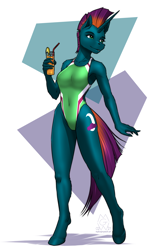 Size: 2000x3000 | Tagged: safe, artist:mykegreywolf, derpibooru import, oc, oc only, oc:midnight shadow, anthro, unguligrade anthro, unicorn, abstract background, anthro oc, bicolor swimsuit, breasts, clothes, cutie mark, drink, eyebrows, eyelashes, female, glass, high-cut clothing, holding, leg fluff, looking to side, mare, one-piece swimsuit, solo, swimsuit