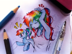 Size: 3709x2782 | Tagged: safe, artist:liaaqila, derpibooru import, rainbow dash, pegasus, pony, equestria girls, clothes, colored pencils, cute, dashabetes, eyes closed, female, human ponidox, liaaqila is trying to murder us, liaaqila is trying to murder us with dashabetes, mare, mouth hold, open mouth, ponytail, self ponidox, smiling, tanktop, traditional art