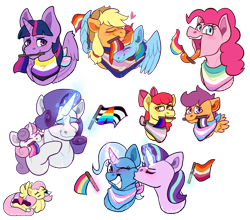 Size: 1280x1127 | Tagged: safe, artist:artwing74, derpibooru import, apple bloom, applejack, fluttershy, pinkie pie, rainbow dash, rarity, scootaloo, starlight glimmer, sweetie belle, trixie, twilight sparkle, twilight sparkle (alicorn), alicorn, pony, unicorn, appledash, asexual pride flag, bisexual pride flag, cutie mark crusaders, demigirl pride flag, demisexual pride flag, female, gender headcanon, headcanon, hug, kiss on the cheek, kissing, lesbian, lesbian pride flag, lgbt headcanon, long tongue, male, mane six, mouthpiece, nonbinary pride flag, omnisexual pride flag, pansexual pride flag, pride, pride flag, sexuality headcanon, shipping, siblings, simple background, sisters, startrix, straight ally flag, tomboy, tongue, tongue out, trans female, trans male, trans stallion scootaloo, trans trixie, transgender, transgender pride flag, transparent background