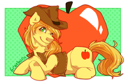 Size: 2550x1650 | Tagged: safe, artist:etrnlpeace, derpibooru import, braeburn, earth pony, pony, apple, clothes, cowboy hat, crossed hooves, food, hat, lying down, male, prone, solo, stallion, vest