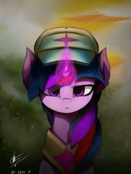 Size: 720x960 | Tagged: safe, artist:dedi-p-762, derpibooru import, twilight sparkle, pony, cap, female, glowing horn, hat, horn, lidded eyes, looking at you, mare, peytral, solo