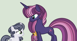 Size: 1446x782 | Tagged: safe, artist:roseloverofpastels, derpibooru import, oc, oc only, oc:radiant night, oc:silver song, pony, unicorn, female, filly, magical lesbian spawn, mare, offspring, parent:princess luna, parent:rumble, parent:sweetie belle, parent:tempest shadow, parents:rumbelle, parents:tempestluna, simple background