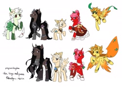 Size: 2048x1487 | Tagged: safe, artist:pekythebear, derpibooru import, alicorn, earth pony, pegasus, pony, unicorn, armor, clothes, colored wings, cookie run, cookie run kingdom, crossover, dark cacao cookie, female, golden cheese cookie, group, hat, hollyberry cookie, looking at you, male, ponified, pure vanilla cookie, simple background, text, white background, white lily cookie, wings