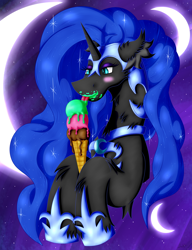 Size: 2484x3234 | Tagged: safe, artist:thebenalpha, derpibooru import, nightmare moon, armor, chest fluff, ear fluff, ears, food, ice cream, moon, simple background, tongue, tongue out