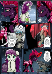 Size: 2480x3508 | Tagged: safe, artist:dsana, derpibooru import, fizzlepop berrytwist, tempest shadow, oc, oc:fireweed, oc:thistledown, earth pony, pony, unicorn, comic:a storm's lullaby, angry, armor, brother and sister, cloak, clothes, comic, crying, crystal armor, female, lifting, male, mare, scar, siblings, snow, stallion, tempest gets her horn back, throwing