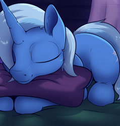 Size: 1280x1344 | Tagged: safe, artist:aquaticvibes, derpibooru import, trixie, pony, unicorn, cute, diatrixes, female, lying down, mare, missing accessory, pillow, prone, sleeping, solo