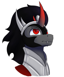Size: 1280x1536 | Tagged: safe, artist:aquaticvibes, derpibooru import, king sombra, pony, umbrum, unicorn, armor, bust, crown, curved horn, fangs, horn, jewelry, looking up, male, regalia, solo, stallion