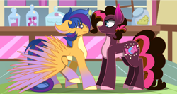 Size: 1272x675 | Tagged: safe, artist:alister-calouro, derpibooru import, oc, oc:starry sword, oc:sugary bullet, earth pony, pegasus, pony, colored wings, colt, duo, gradient hooves, large wings, male, offspring, parent:cheese sandwich, parent:flash sentry, parent:pinkie pie, parent:twilight sparkle, parents:cheesepie, parents:flashlight, story in the source, sugarcube corner, wings