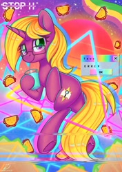 Size: 2480x3508 | Tagged: safe, artist:musicfirewind, derpibooru import, oc, oc only, oc:bright star, pony, unicorn, baja blast, error message, female, food, mare, solo, synthwave, taco, vaporwave