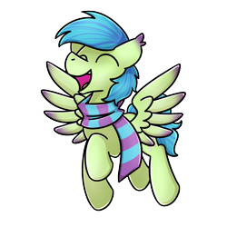 Size: 1240x1240 | Tagged: safe, artist:sugar morning, derpibooru import, oc, oc only, oc:emerald sprint, pegasus, pony, ear fluff, ears, eyes closed, green coat, happy, male, open mouth, pegasus oc, scarf, simple background, smiling, solo, spread wings, transparent background, two toned mane, two toned tail, wings