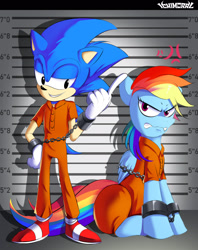 Size: 1376x1739 | Tagged: safe, artist:ichimoral, derpibooru import, rainbow dash, bashing, bound wings, chains, clothes, cuffs, frustrated, line-up, prison outfit, prisoner, prisoner rd, shackles, smug, sonic the hedgehog, sonic the hedgehog (series), wings