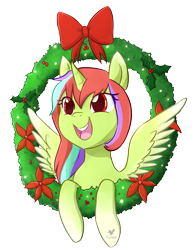 Size: 1341x1713 | Tagged: safe, artist:foxhatart, derpibooru import, oc, oc:gaian, alicorn, pony, christmas, christmas wreath, female, holiday, mare, solo, wreath