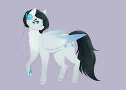 Size: 3327x2390 | Tagged: safe, artist:nyota71, derpibooru import, oc, oc only, oc:violina, pegasus, pony, belly fluff, cloven hooves, colored pupils, colored wings, colored wingtips, headphones, ipod, music player, simple background, smiling, solo, unshorn fetlocks