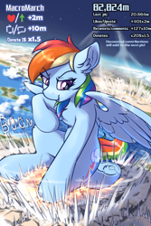 Size: 1200x1800 | Tagged: safe, artist:ravistdash, derpibooru import, rainbow dash, pegasus, pony, city, destruction, fetish, giant rainbow dash, growth drive, impact, island, macro, smiling, smirk, solo, superhero landing, text, underhoof, wings